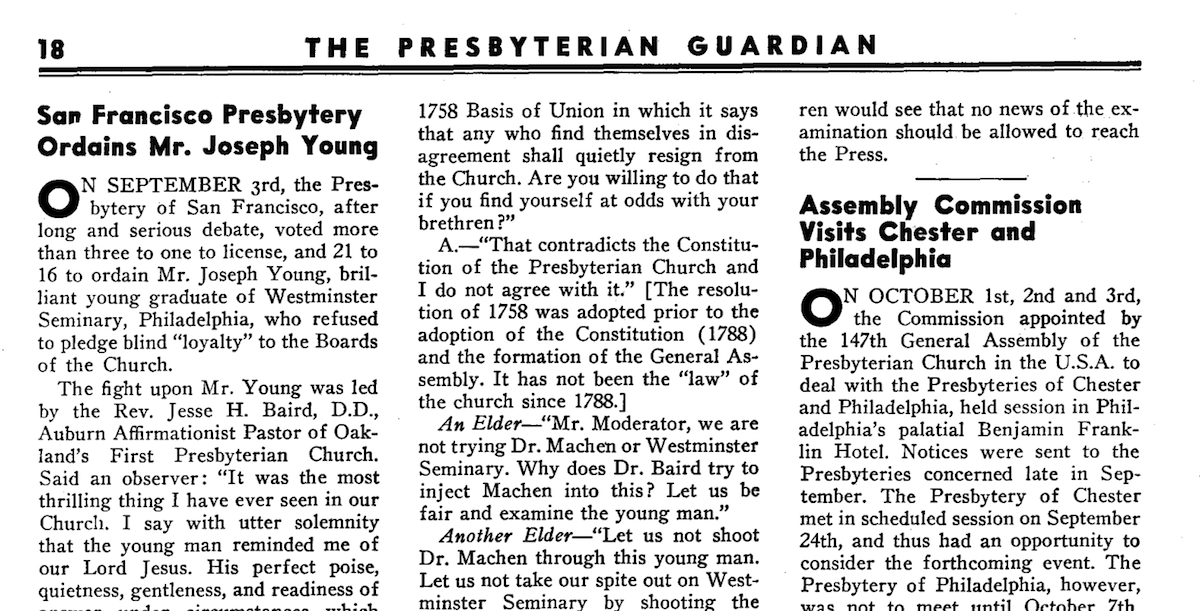 1935 article from The Presbyterian Guardian on the ordination of E.J. Young into the PCUSA
