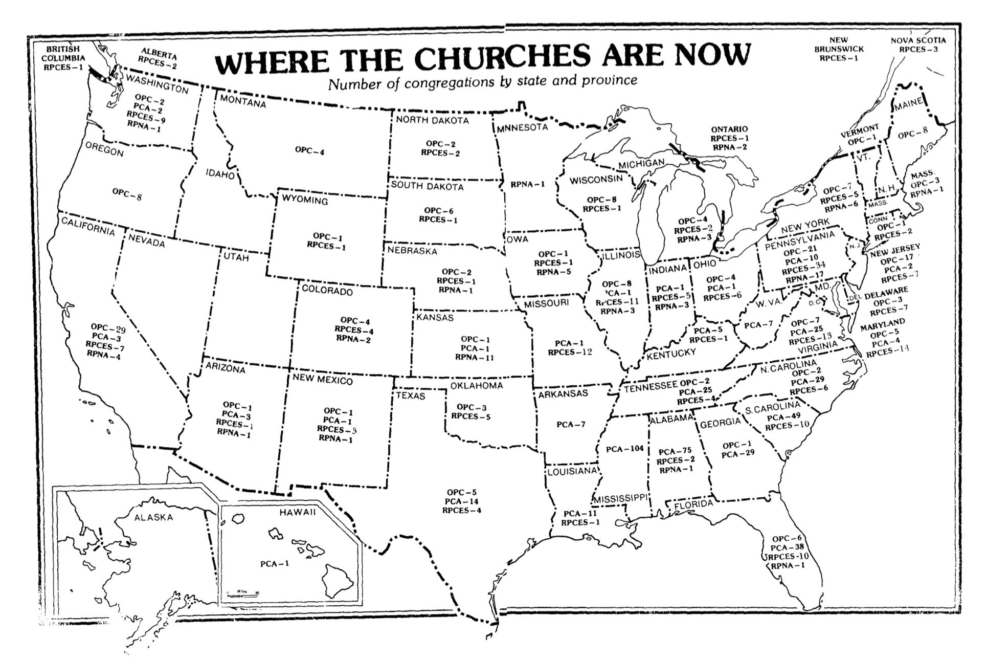 A map of the distribution of PCA, OPC, and RPCES congregations in 1979.
